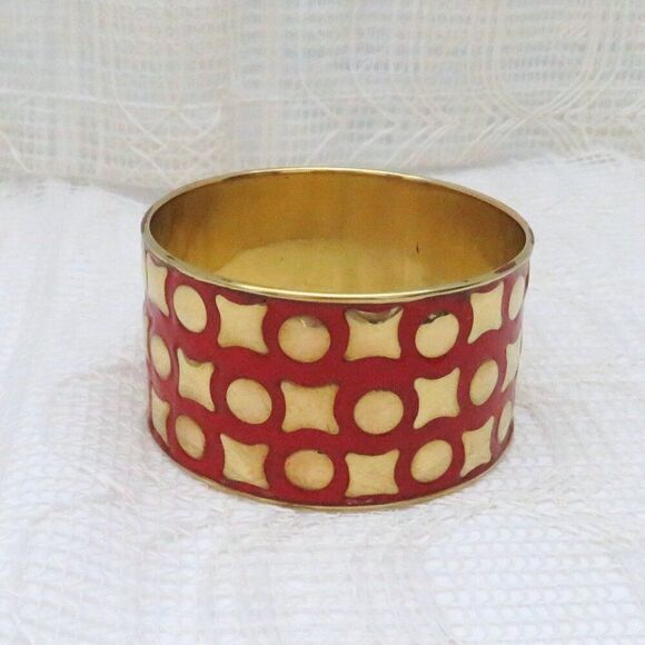 Chunky Red & Gold Metallic Bangle by Antika Women 1 1/2 inches Wide Retro Style - Picture 1 of 6